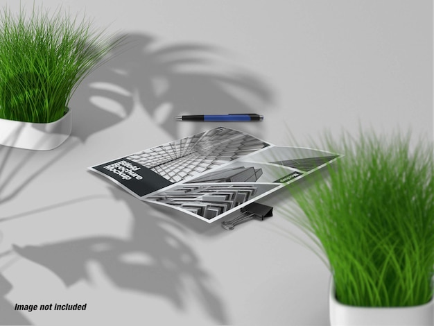 Brochure Pliante Ouverte Avec Plante Sur Maquette 3d De Table