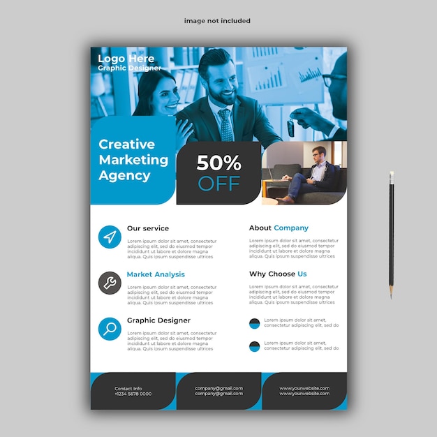 une brochure pour une présentation d'affaires avec un homme en costume assis dans une chaise
