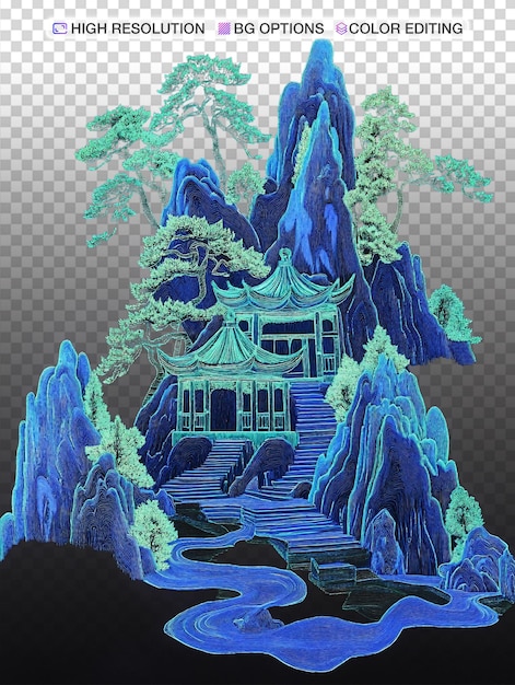 Broderie chinoise fluorescente de montagnes et de pavillons