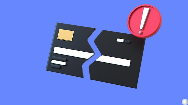 Broken credit card 3d render decline issue banking card unavailable problem isolated illustration