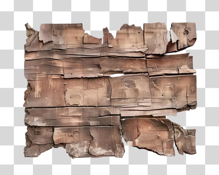 PSD broken wooden panel wall with displaced panels on white background