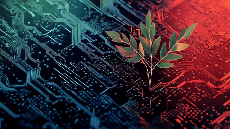PSD el brote de una planta verde que crece en una placa de circuito que representa la tecnología y la naturaleza