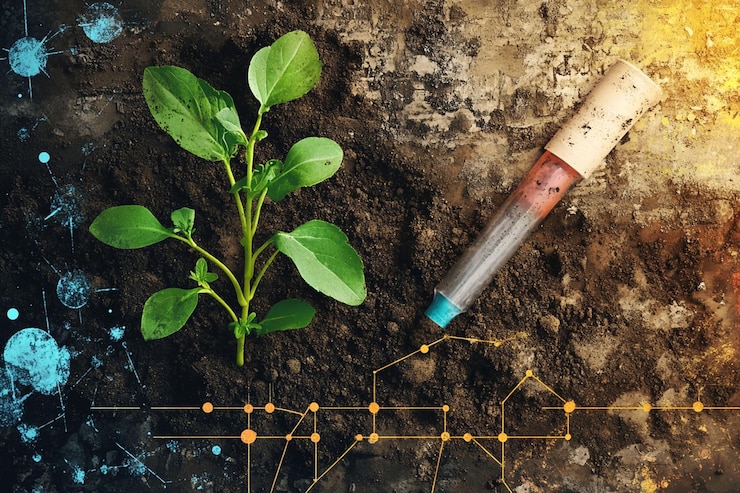 PSD broto de planta jovem a crescer no solo com um tubo de amostra