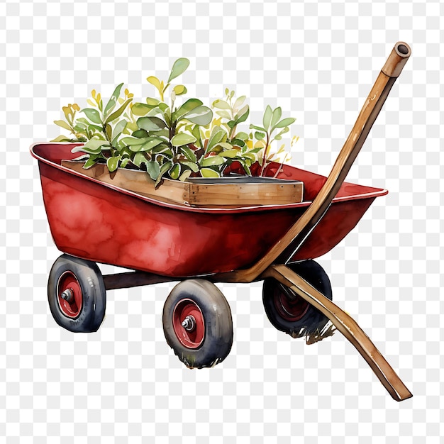 PSD une brouette rouge avec une plante et une poignée en bois