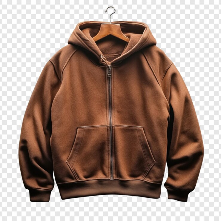 PSD brown hoodie jacket su appendiabiti in legno indossare casual moda maschile
