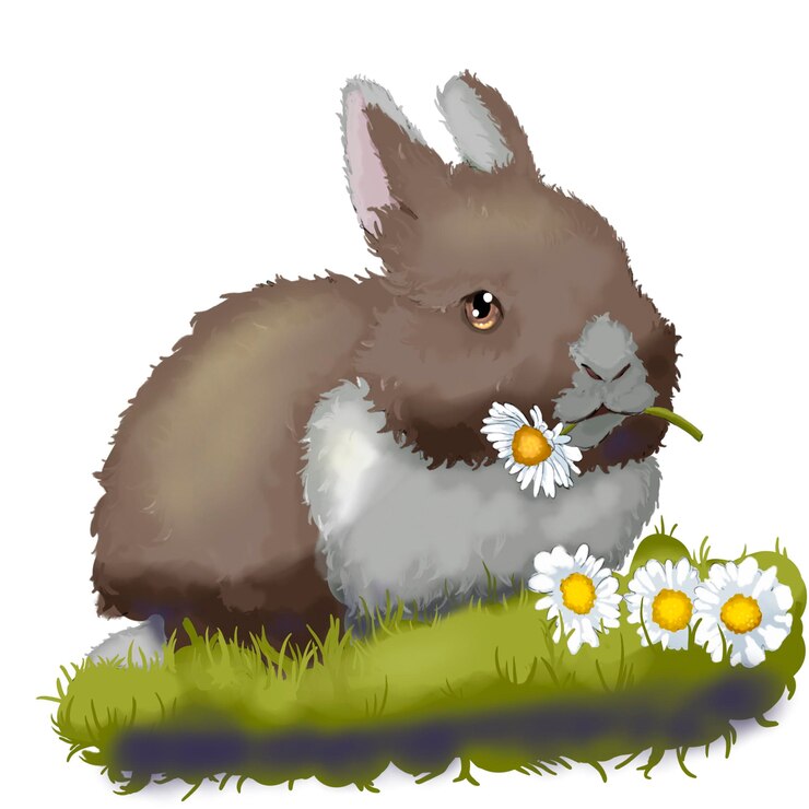 PSD brown rabbit in cartoon anime style chews daisies on the grass