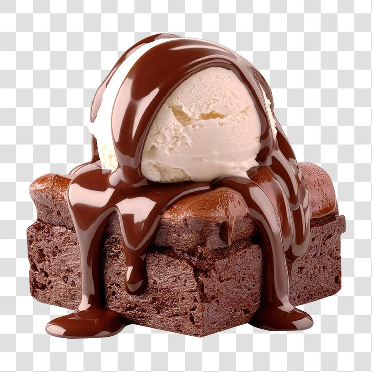 Un brownie de chocolate con helado de vainilla blanco aislado sobre un fondo transparente