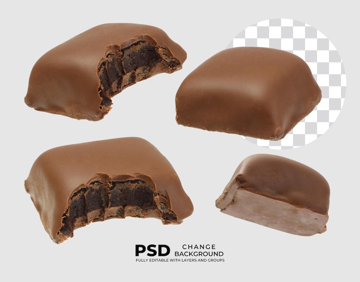 PSD brownies cubiertos de chocolate en varios ángulos que muestran su rico interior caramelo y leche suave