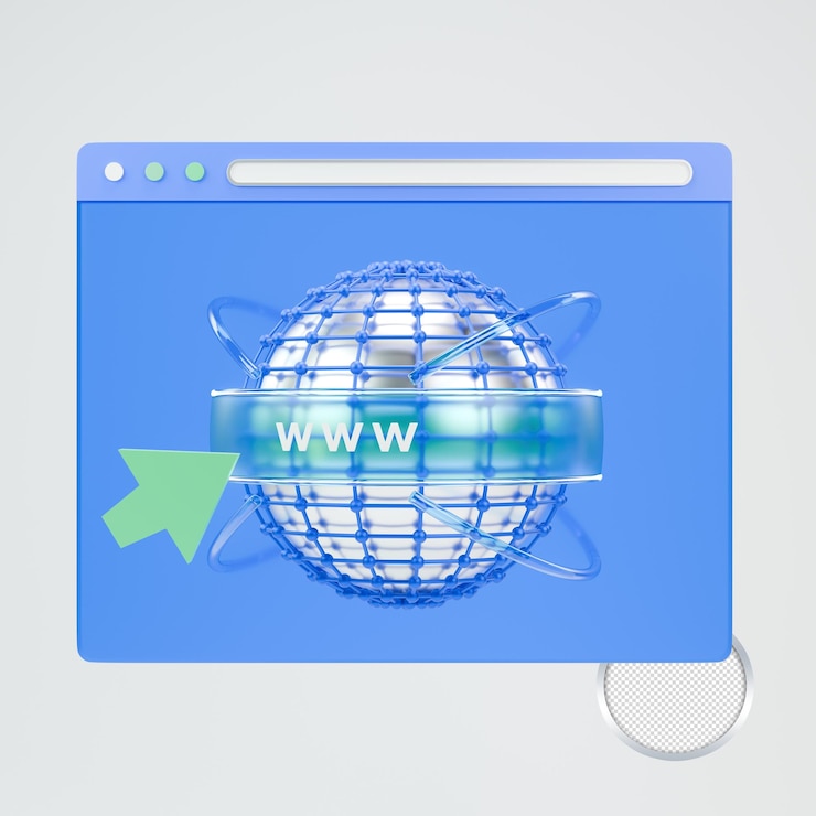 PSD browserfenster mit einem 3d-globus, der das internet darstellt, und einem grünen pfeil