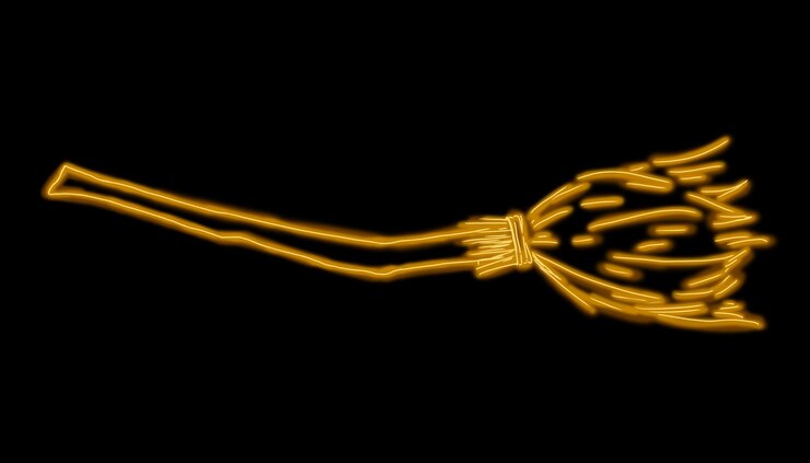 PSD brujas escoba transporte mágico amarillo y naranja brillante ilustración de color neón para la impresión y la web
