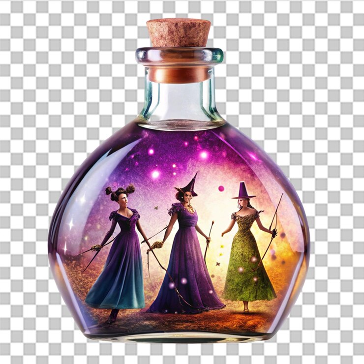 PSD las brujas espumosas botella de poción fantasía ilustración medieval aislada sobre un fondo transparente