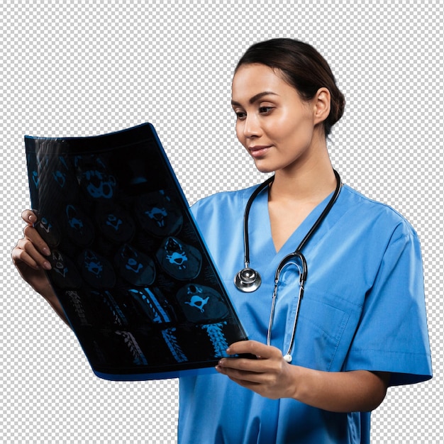 Une brune en uniforme qui regarde une radiographie.