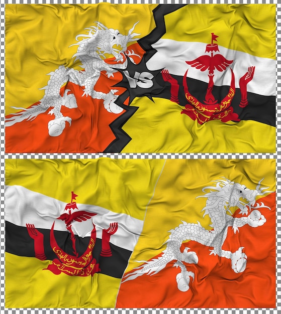 Le Brunei contre le Bhoutan Half Combined Flag Cloth Bump Texture Rendering 3D