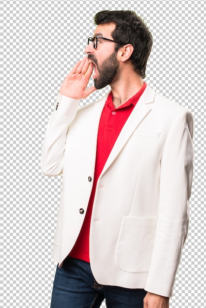 Brunette Mann mit Brille schreien