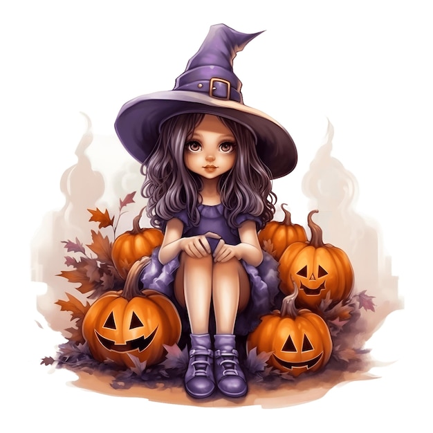 Bruxa de halloween fofa sentada sobre abóboras em fundo transparente