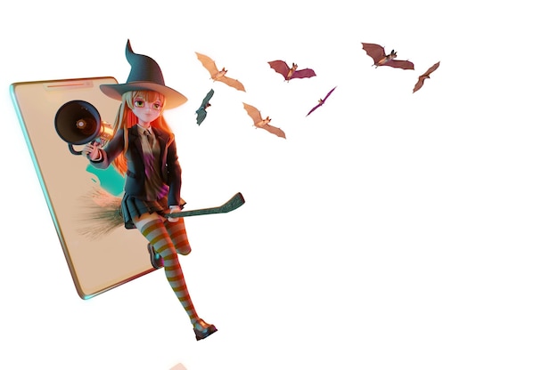 Bruxa de ilustração 3d com vassoura de halloween conceito de compras online marketing digital no site e aplicativo móvel