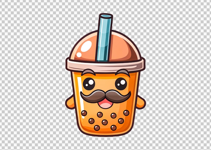 PSD bubble-tee mit schnurrbart-cartoon auf durchsichtigem hintergrund 3d-rendering-illustration