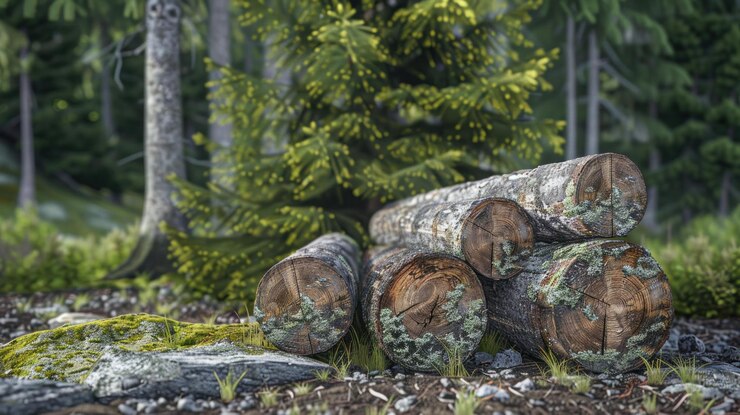 PSD des bûches empilées dans une forêt de mousse
