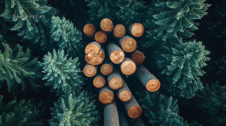 PSD des bûches empilées entourées d'arbres à feuilles persistantes luxuriants