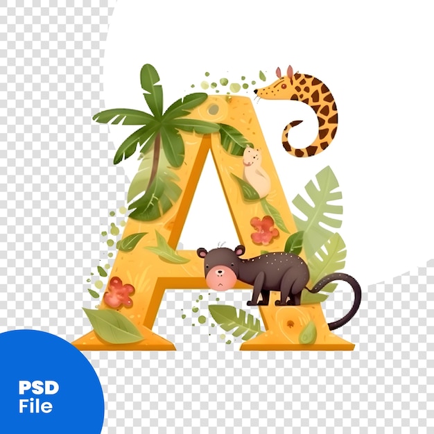 Buchstabe a mit tropischen pflanzen und tieren vektorillustration psd-vorlage