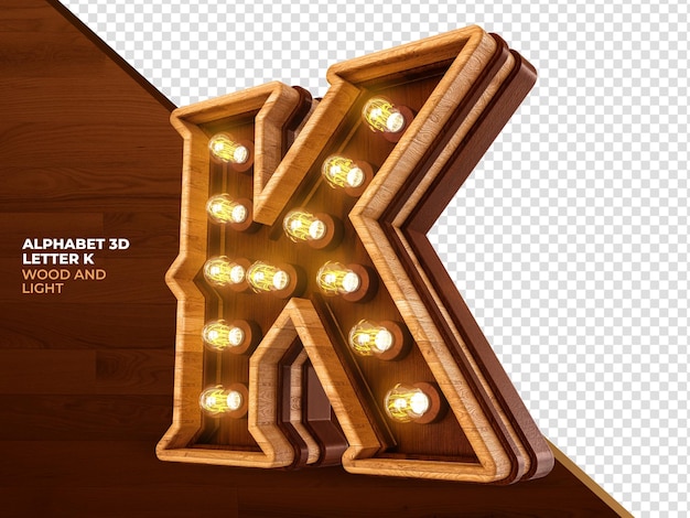 Buchstabe k 3d-renderholz mit realistischen lichtern