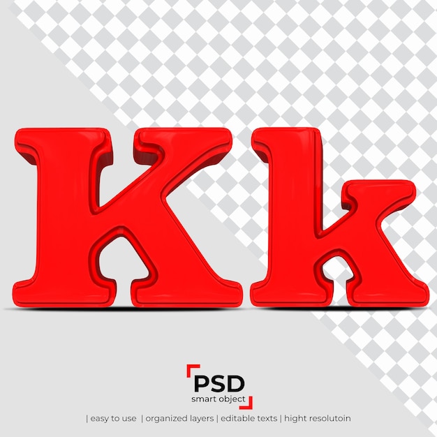 PSD buchstabe k 3d-schriftart aus realistischem 3d-transparentem hintergrund