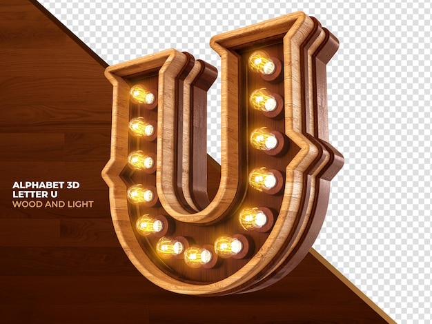 Buchstabe U 3D-Renderholz mit realistischen Lichtern