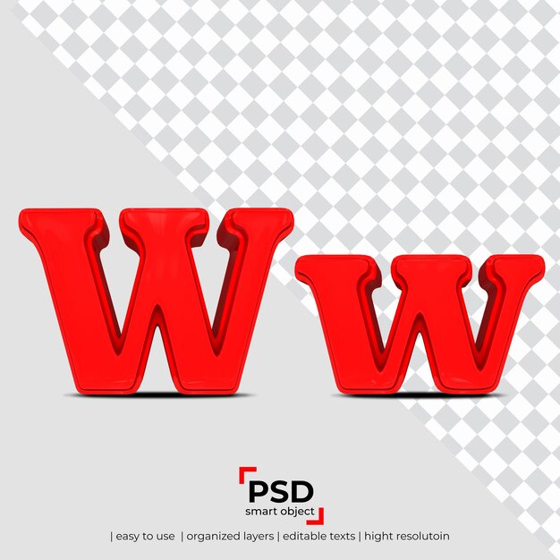 Buchstabe W 3D-Schriftart aus realistischem 3D-transparentem Hintergrund