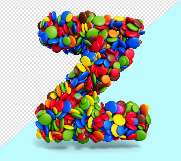 Buchstabe Z aus bunten Regenbogenbonbons Festlich isolierter Hintergrund 3D-Darstellung