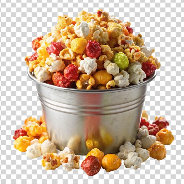 PSD bucket of assorted flavored popcorn transparent isolated on transparent background