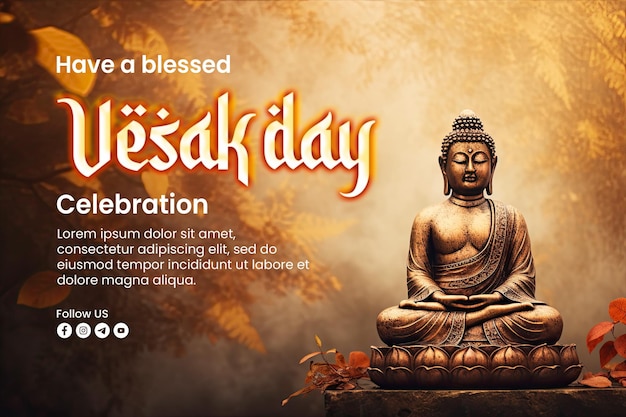 PSD buddha statue banner with the words happy vesak day on the side