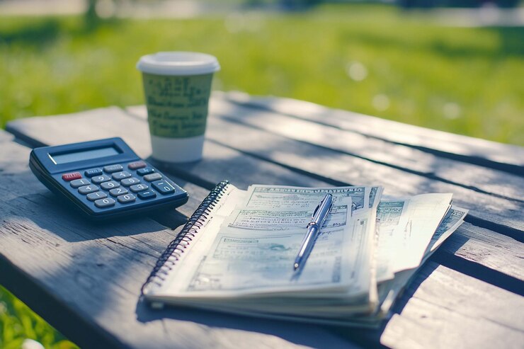 PSD budgetierung im freien mit einem rechner-notepad, geld und einer kaffeetasse auf einer parkbank