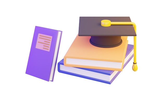 Bücher unterzeichnen mit Abschlusskappe auf weißem Hintergrund 3D-Renderkonzept für Stipendien