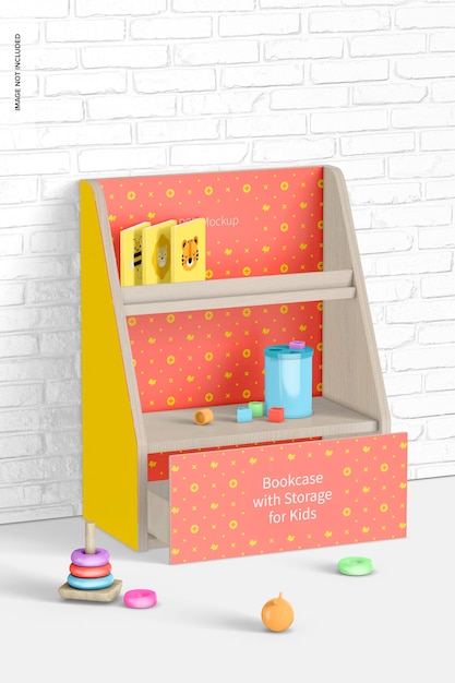 Bücherregal mit Aufbewahrung für Kinder Mockup, Ansicht von links