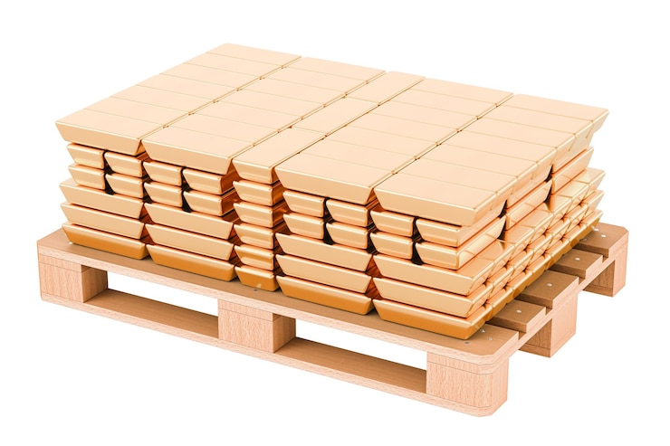 PSD buen concepto de entrega ingots de oro en la paleta de madera rendering 3d aislado en fondo transparente