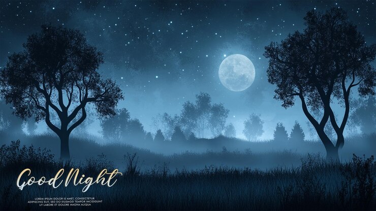 PSD buen paisaje nocturno con contornos de árboles oscuros