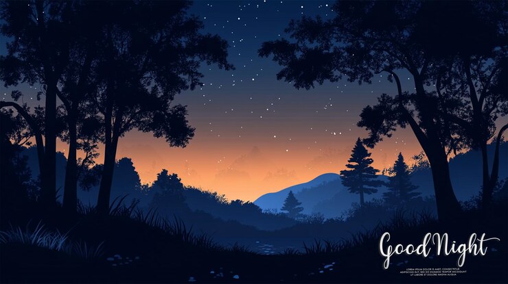 PSD buen paisaje nocturno con contornos de árboles oscuros