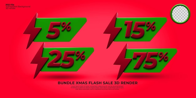 Bündel von 3D-Render-Flash-Verkaufsrabatt 5, 15, 25, 75, Element transparentes Weihnachtsthema