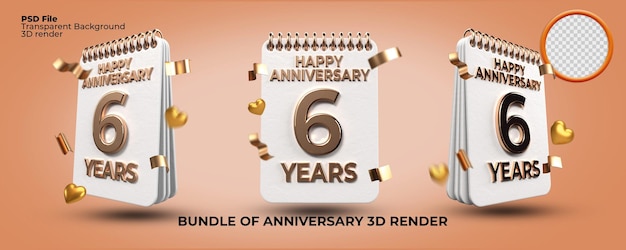 Bündel von 3D-Rendering-Geburtstagszahlen im Alter von 6 Jahren, Goldstil, Altersfeier, Luxusstil