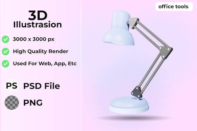 PSD bürobedarf symbol 3d-illustration, arbeitslampe