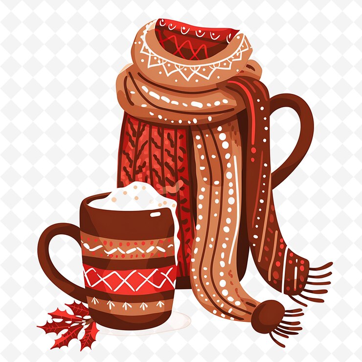 PSD bufanda acogedora con patrones tejidos y tazas de cacao caliente de png natural inspirado borderline plano