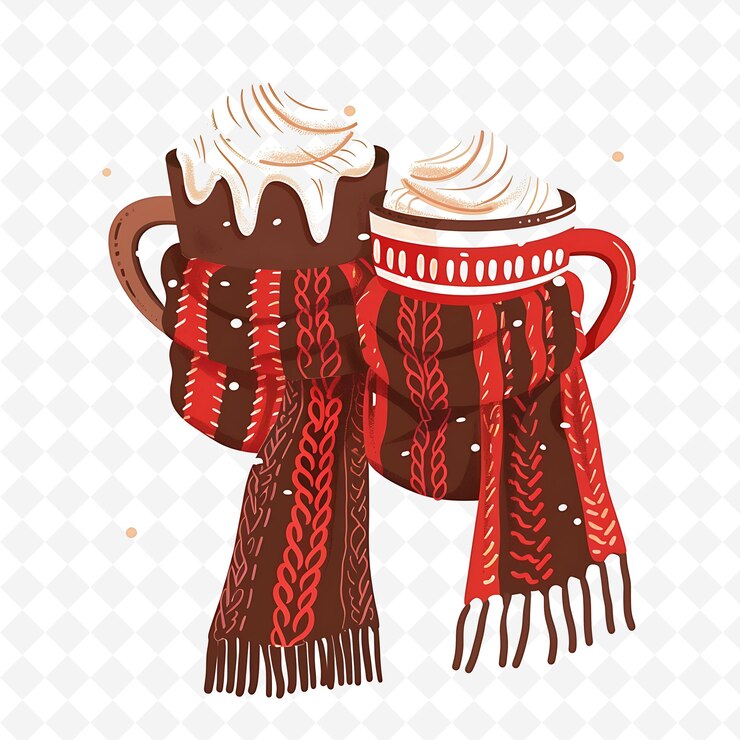 PSD bufanda acogedora con patrones tejidos y tazas de cacao caliente de png natural inspirado borderline plano