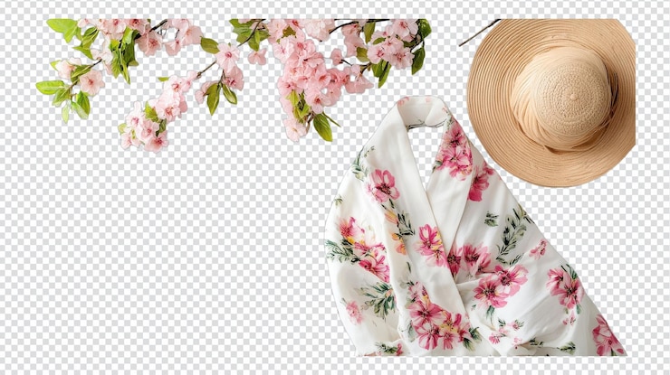 PSD una bufanda floral de primavera bellamente arreglada con un sombrero de paja y delicadas flores de cerezo en un fondo claro