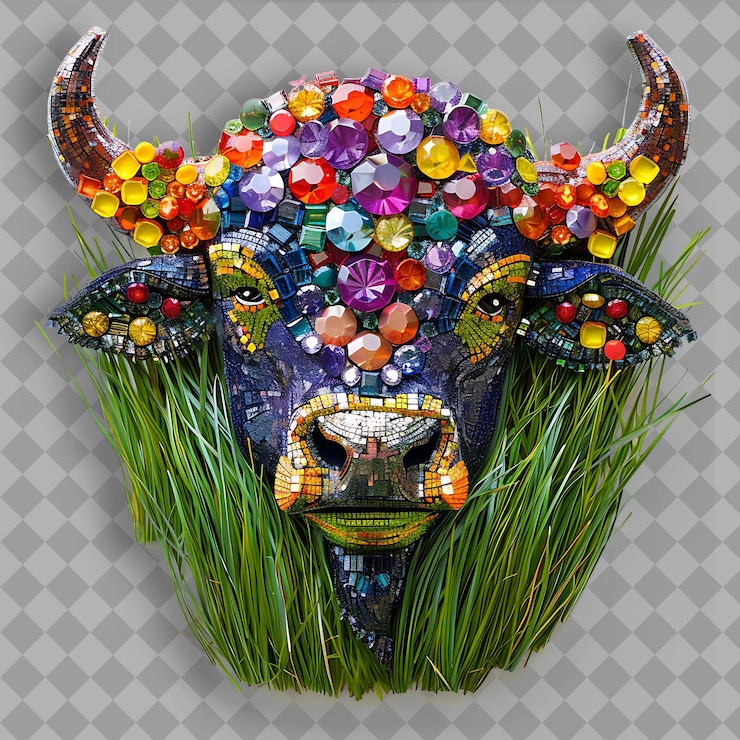 PSD buffalo cody con gemme di vetro colorate e erba mista viola con consistenza verde isolata su clean bg