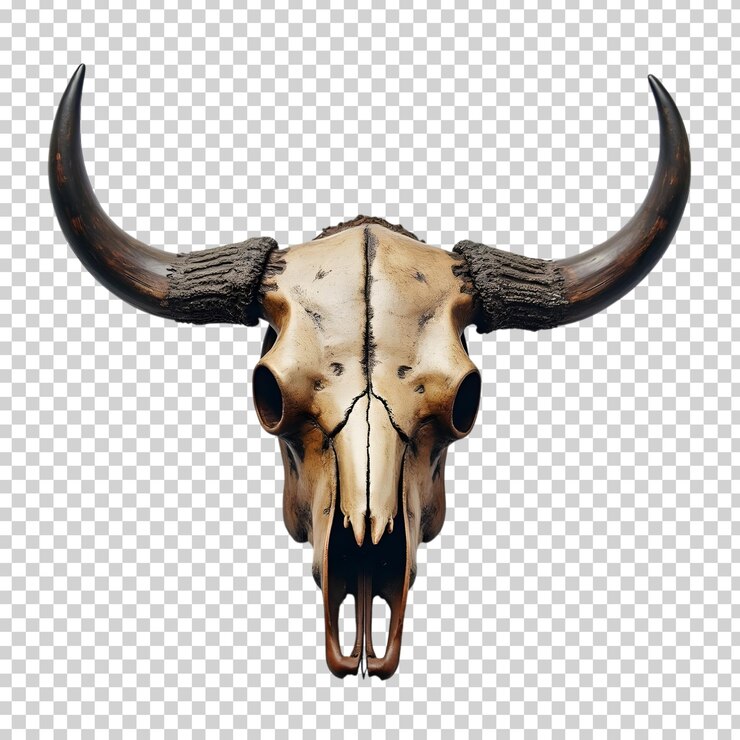 Buffalo Skull Head with Detailed Horns Isolated on Transparent Background