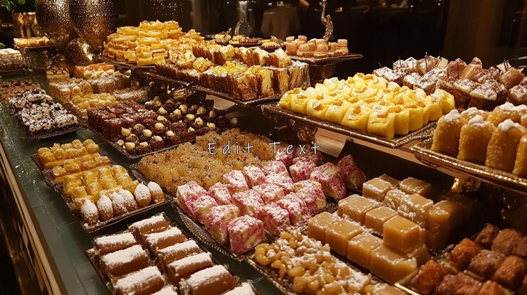 PSD buffet de postres de lujo con pasteles variados pasteles y dulces