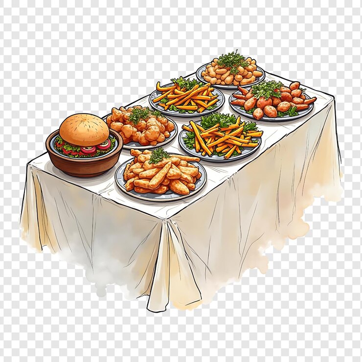 PSD buffet une table avec de la nourriture sur elle, y compris un hamburger et une assiette de nourriture