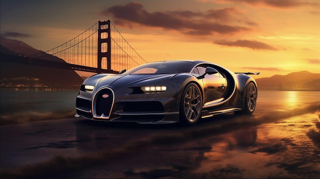 PSD la bugatti noire zoomant sur l'horizon de dubaï le papier peint de la voiture la plus rapide