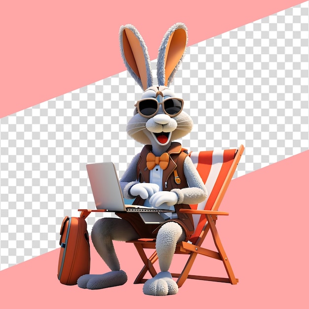 Bugs Bunny turístico usando una computadora portátil mientras está sentado en una silla de playa