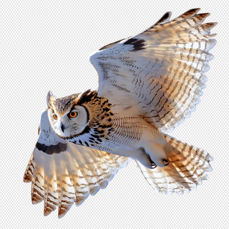El búho está volando en el medio del cuadro sobre un fondo blanco